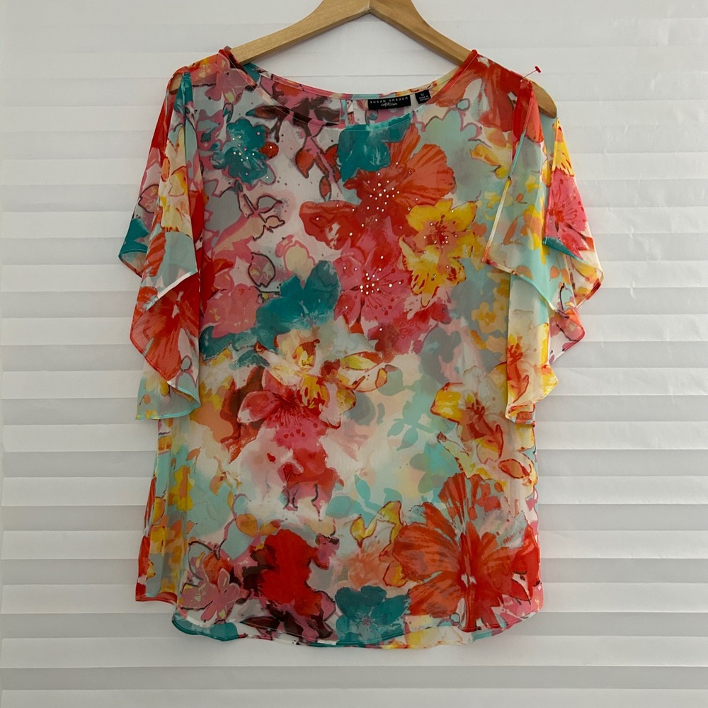 Susan Graver Artisan Sheer Blouse Rhinestone Flutter Sleeve Watercolor Top 12